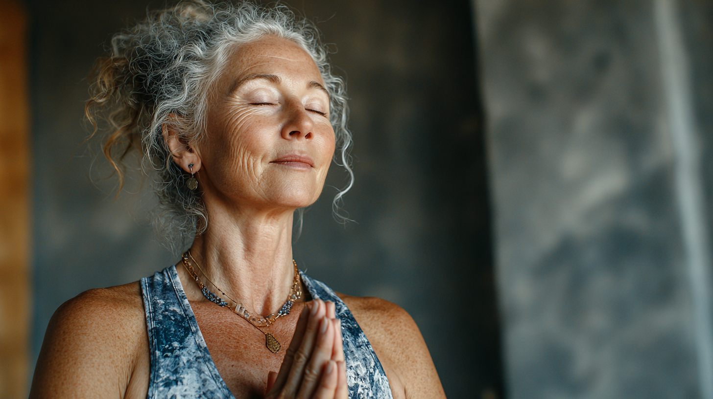 Група людей зрілого віку практикує йогу у світлій студії